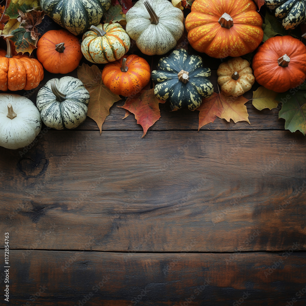 Autumn Bottom Border Banner Featuring Pumpkins, Gourds, and Fall Decor on Rustic Wood Background with Copy Space pumpkin on table