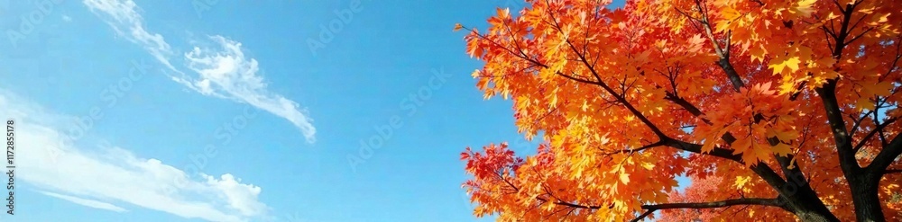 Amber hues on autumn leaves against blue sky with wispy clouds, trees, nature Amber hues on autumn leaves against blue sky with wispy clouds, trees, nature
