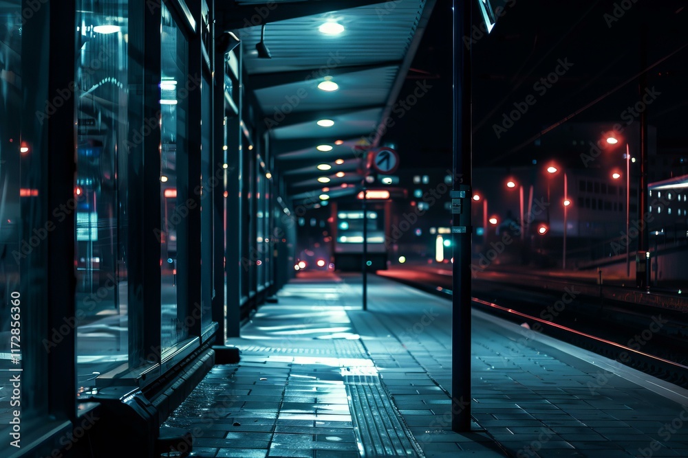Fototapeta premium Empty and modern tram station platform is illuminating a dark city night
