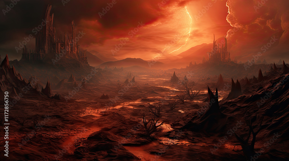 An illustration of hell with red sky
