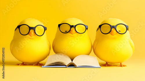 Three adorable yellow chicks wearing glasses, studiously reading a book together against a vibrant yellow background.  Perfect for education, childhood, or whimsical concepts. photo