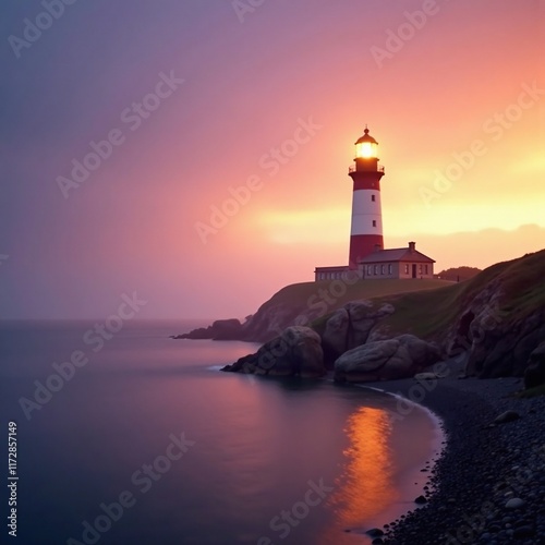 Misty dawn light highlights the majestic lighthouse of Whitby Harbour, sea, North Yorkshire
