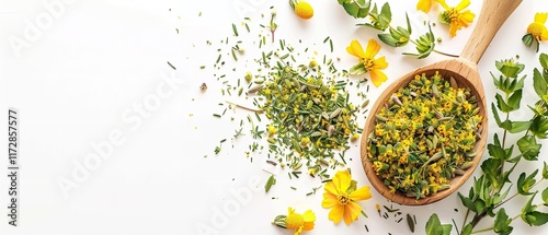 A close-up of yellow sweet clover blossoms and dried Meliot sweet clover herbs in a wooden scoop on a stark white backdrop with plenty of room for writing, Generative AI. photo