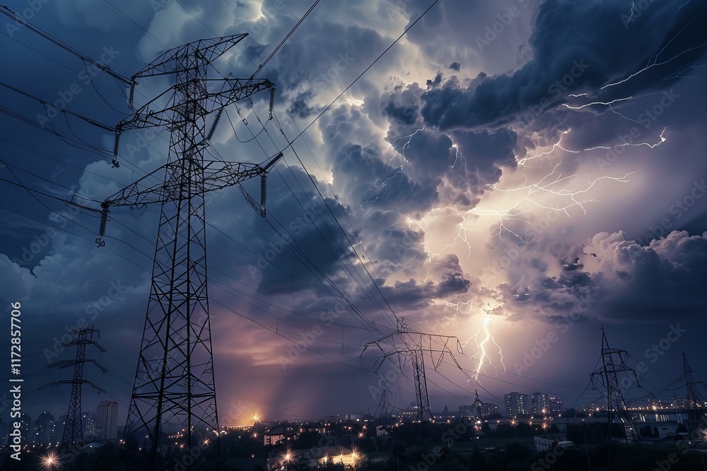Fototapeta premium Lightning storm illuminating the sky and striking power lines above a city at night