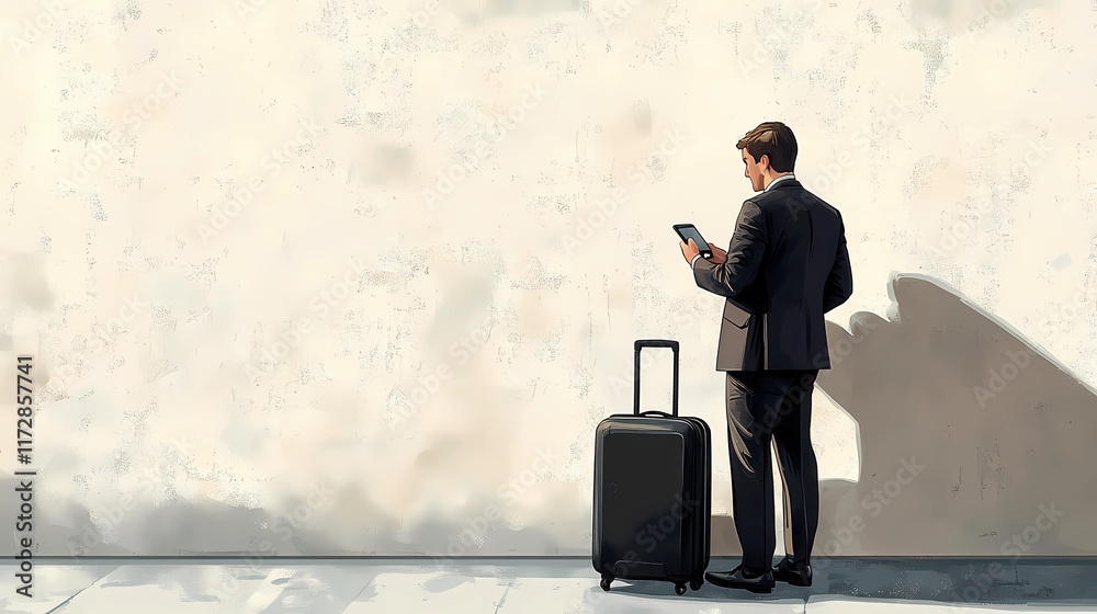 Tourist reading map on smartphone next to rolling suitcase, casual pose, conveying digital navigation, book illustration style Tourist reading map on smartphone next to rolling suitcase, casual pose, conveying digital navigation, book illustration style
