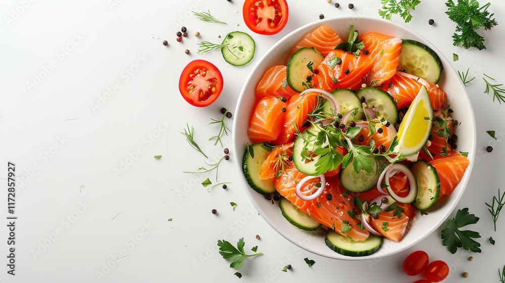 An extremely close-up of fresh cucumber and fish salad on a bowl white background from the distance having enough of background advertising area, Generative AI. An extremely close-up of fresh cucumber and fish salad on a bowl white background from the distance having enough of background advertising area, Generative AI.