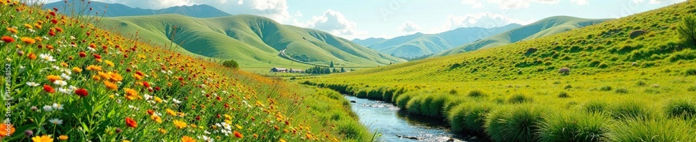 Rolling hills with wildflowers and a meandering stream, hills, flowers, landscape Rolling hills with wildflowers and a meandering stream, hills, flowers, landscape