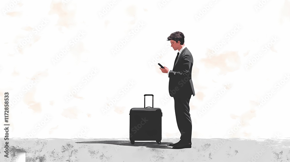 Tourist reading map on smartphone next to rolling suitcase, casual pose, conveying digital navigation, book illustration style Tourist reading map on smartphone next to rolling suitcase, casual pose, conveying digital navigation, book illustration style