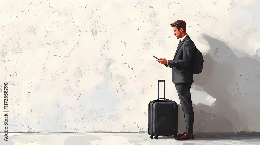 Tourist standing with suitcase in hand while checking phone, travel-ready look, depicting adventure planning, style of comic book art Tourist standing with suitcase in hand while checking phone, travel-ready look, depicting adventure planning, style of comic book art