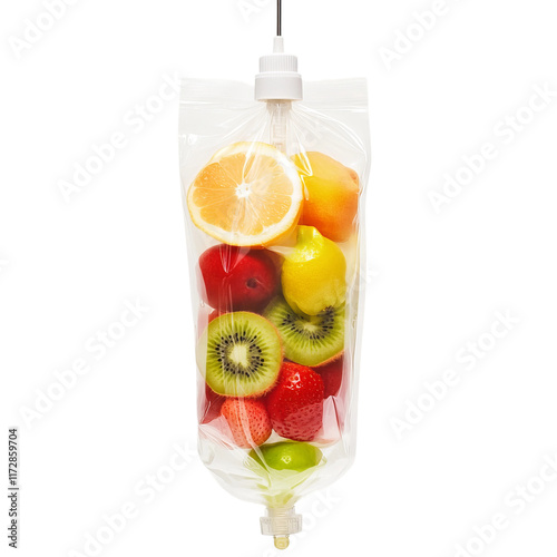 Fruity IV Bag: A health-conscious visual metaphor, a refreshing assortment of vibrant fruit slices, suggests wellness through IV therapy.