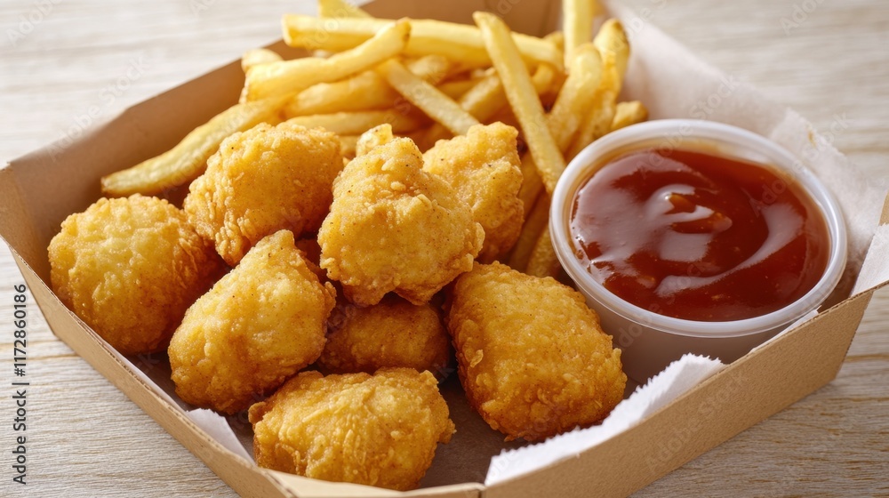 Crispy Fried Chicken Nuggets with Golden French Fries and Sauce Crispy Fried Chicken Nuggets with Golden French Fries and Sauce