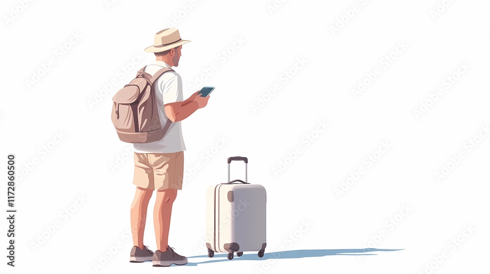 Fototapeta premium Traveler holding a phone with suitcase, modern tourism stock concept.