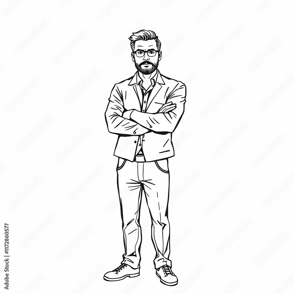 Confident Gentleman in Sketch: A stylish man with a beard and glasses stands confidently with his arms crossed, illustrated in a minimalist black and white sketch. A portrait of cool, collected. Confident Gentleman in Sketch: A stylish man with a beard and glasses stands confidently with his arms crossed, illustrated in a minimalist black and white sketch. A portrait of cool, collected.