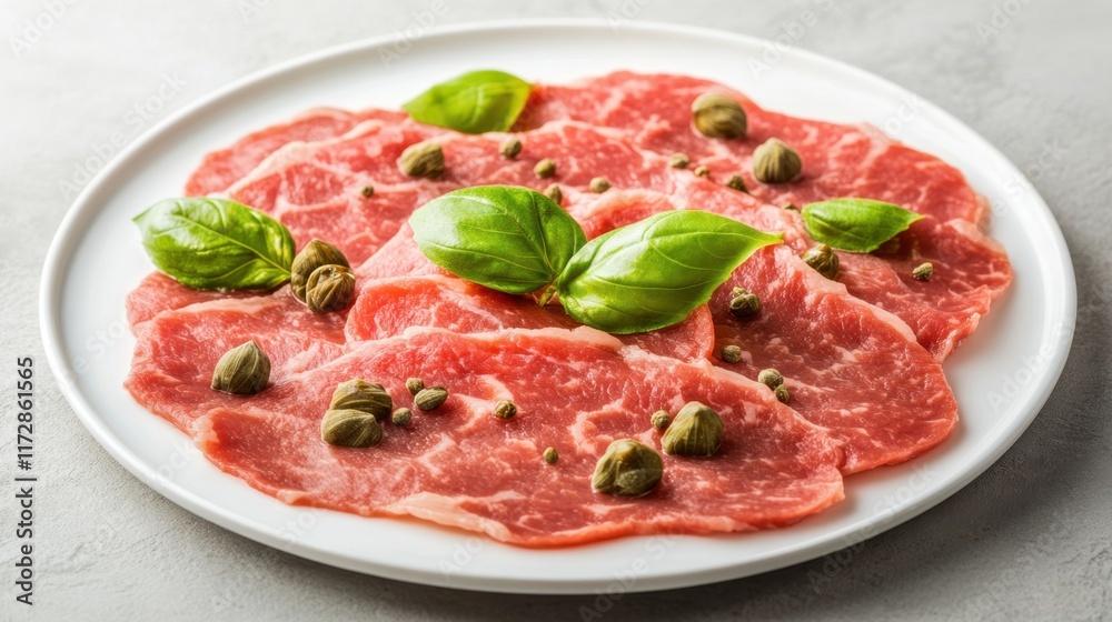 Fresh Sliced Beef Carpaccio with Basil and Capers on White Plate Fresh Sliced Beef Carpaccio with Basil and Capers on White Plate
