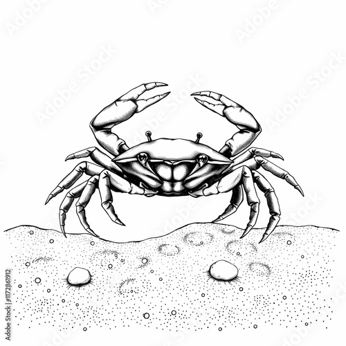 Crab Illustration: An intricate black and white illustration of a crab on the beach, with sand and pebbles in the background. The crab is depicted with realistic detail. photo