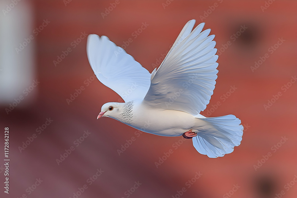 A pristine white dove in flight against a blurred terracotta backdrop, showcasing its elegant wings and peaceful demeanor. A pristine white dove in flight against a blurred terracotta backdrop, showcasing its elegant wings and peaceful demeanor.