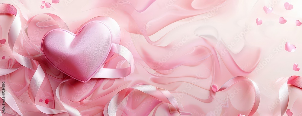 Whimsical heart-shaped decor with flowing ribbons in soft pink hues set against a dreamy backdrop Whimsical heart-shaped decor with flowing ribbons in soft pink hues set against a dreamy backdrop