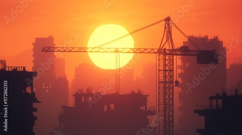 Sunset over city construction site with crane silhouettes.