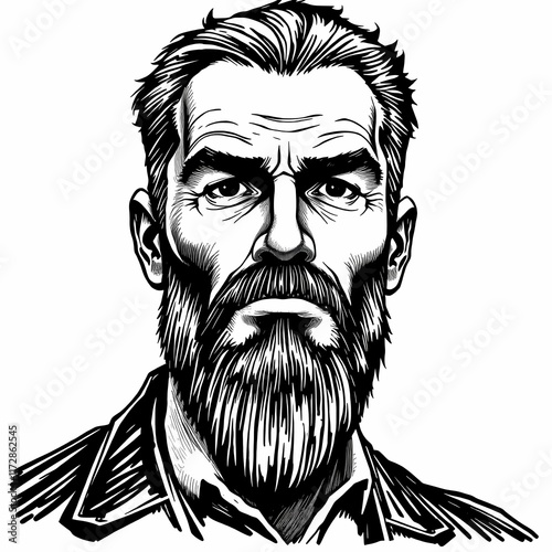 Grizzled Veteran: A close-up illustration of a man with a serious expression, thick beard, and textured hair.  The style is reminiscent of comic book art or graphic novel illustration. 