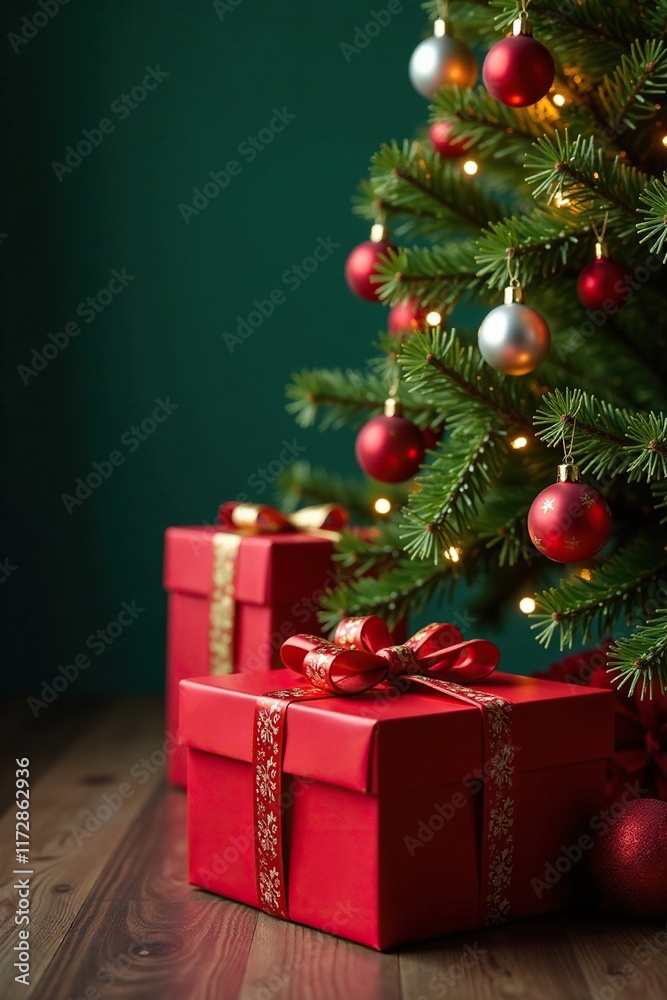 A large red gift box at the base of the Christmas tree, christmas tree, large red box