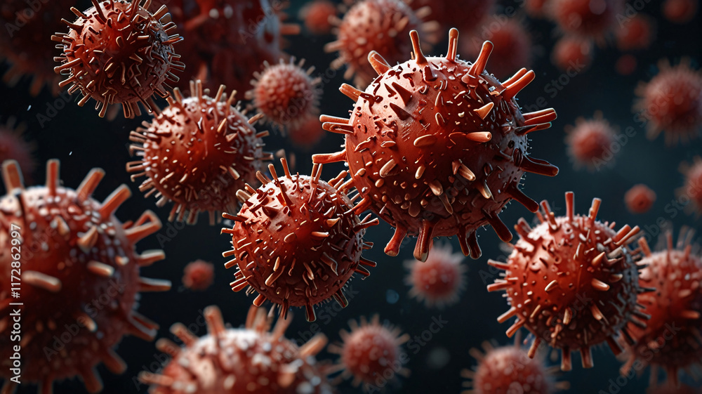 Magnified Virus Particles Scientific Study in Deep Red Magnified Virus Particles Scientific Study in Deep Red