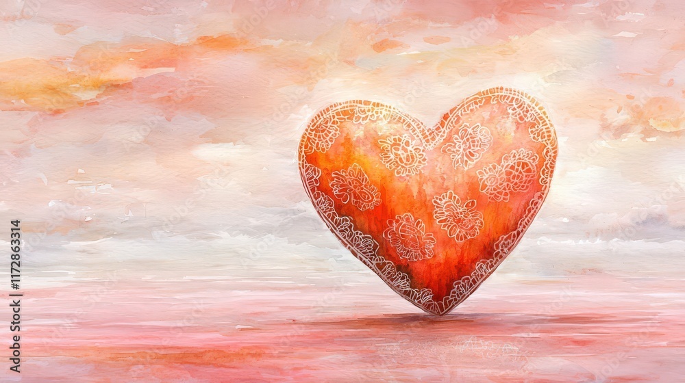 Fototapeta premium Ornate heart, sunset sky, peaceful landscape