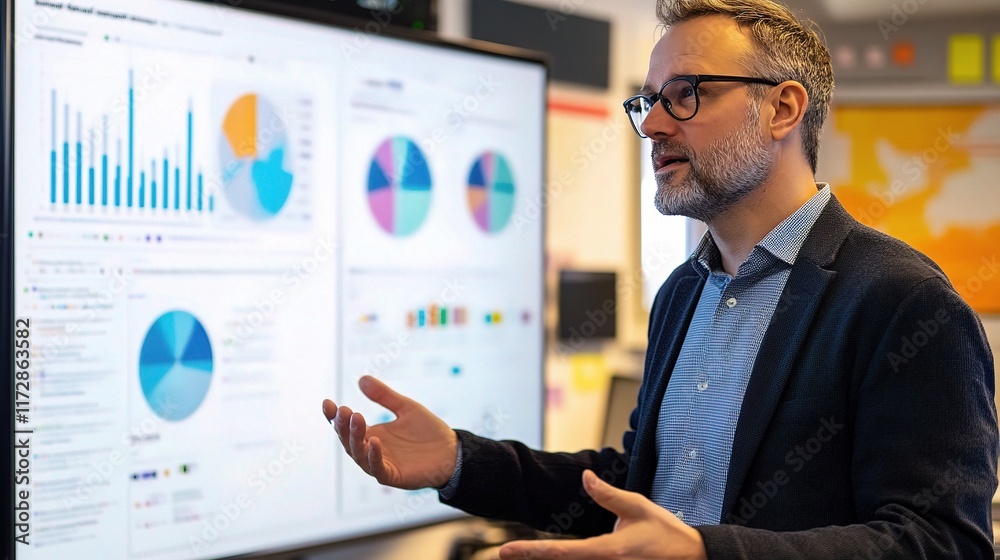 Business Leader Discussing Data Analytics in Modern Office Setting Business Leader Discussing Data Analytics in Modern Office Setting