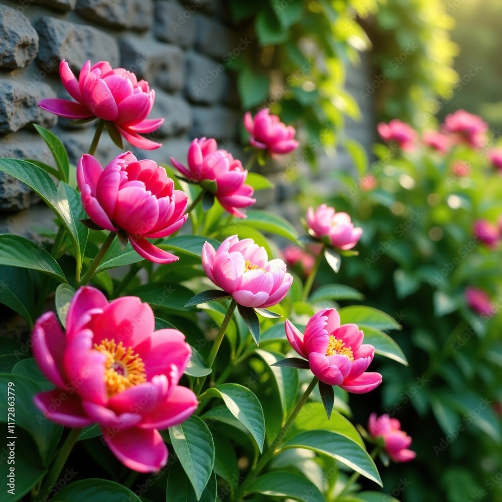 Colorful peonies in a lush garden with a stone wall, summer, flowers Colorful peonies in a lush garden with a stone wall, summer, flowers