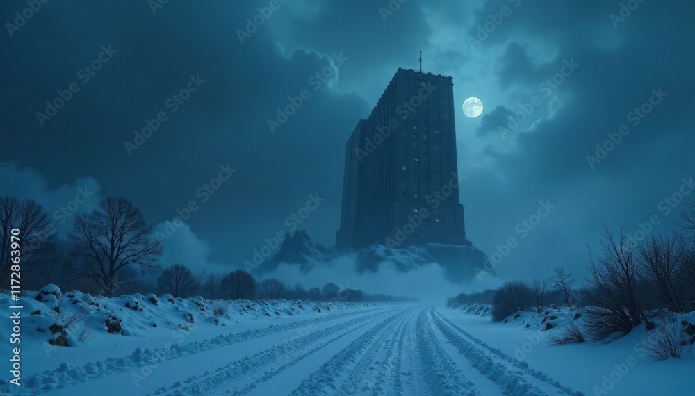 Dark and towering building looming in snowy darkness, bleakness, dark, ominous Dark and towering building looming in snowy darkness, bleakness, dark, ominous