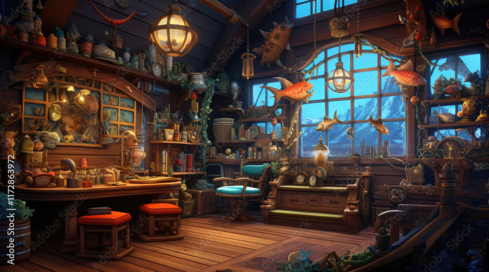 An illustration of a bait shop room