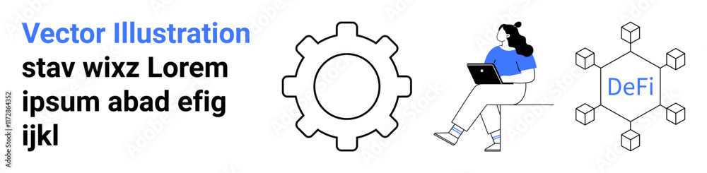 Cogwheel, person working on laptop, decentralized financial network. Ideal for modern finance, decentralized systems, fintech, innovation, blockchain, digital transformation, productivity. Landing Cogwheel, person working on laptop, decentralized financial network. Ideal for modern finance, decentralized systems, fintech, innovation, blockchain, digital transformation, productivity. Landing