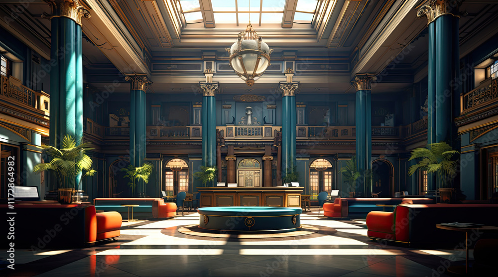 An illustration of a bank interior
