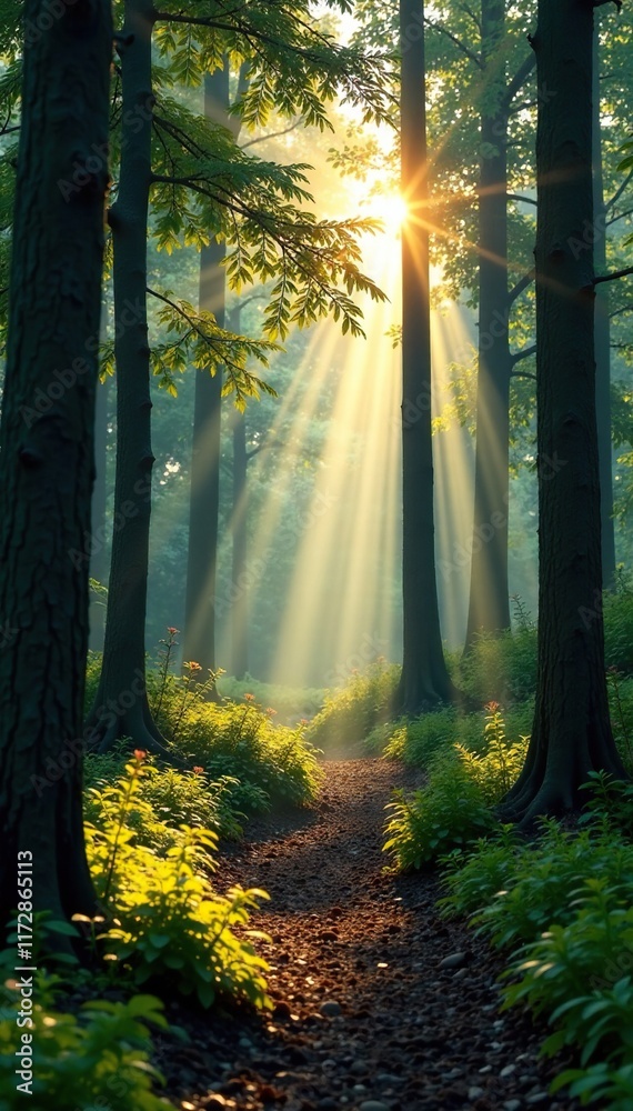 Obraz premium Calm forest with sunlight filtering through trees, atmosphere, forest