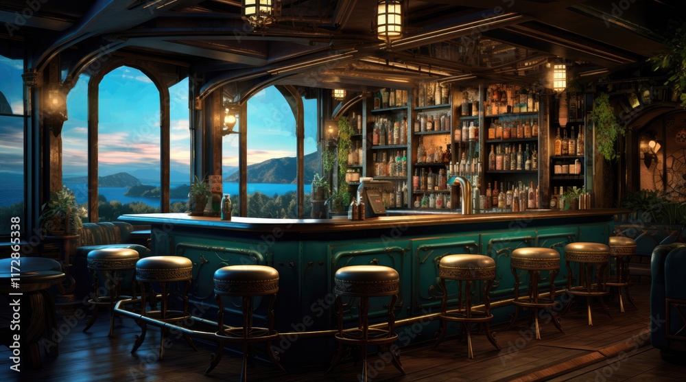An illustration of a bar with a natural landscape view