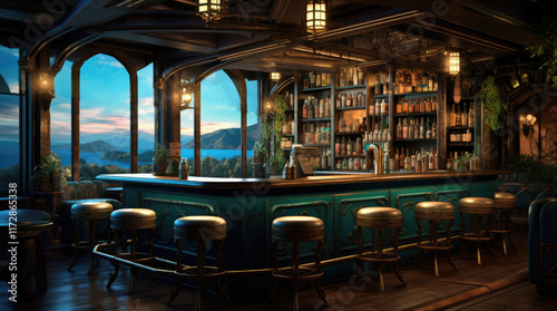Obraz na płótnie An illustration of a bar with a natural landscape view w salonie