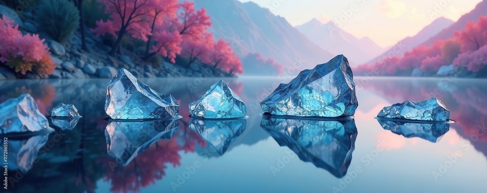 Obraz premium Crystal shards reflected in a still body of water within an abstract landscape, solitude, abstraction, water
