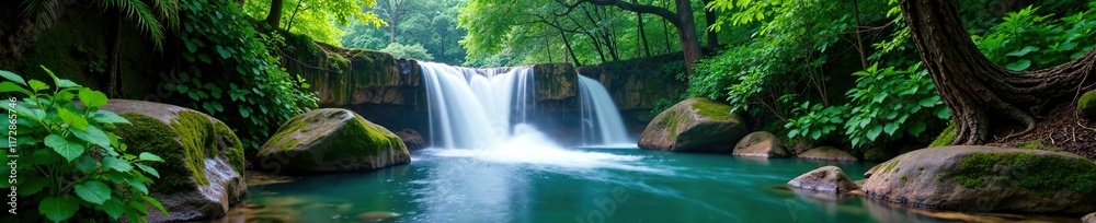 Fototapeta premium Colorful waterfalls cascading over rocks in a lush forest, tranquil, expansive, green