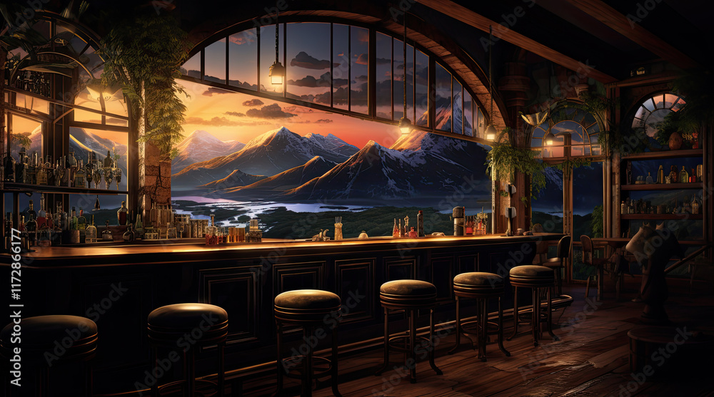 An illustration of a bar with a mountain view