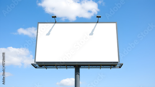 Blank billboard mockup on blue sky background for new advertisement. Generative AI