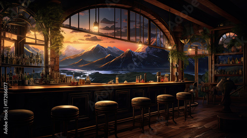 Obraz na płótnie An illustration of a bar with a mountain view w salonie