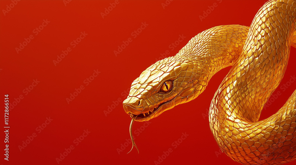 Fototapeta premium Golden Snake with Forked Tongue in the right and on a Red Background