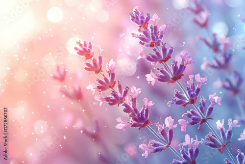 Lavender flowers blooming in sunny field with bokeh background, ideal for beauty product backdrop