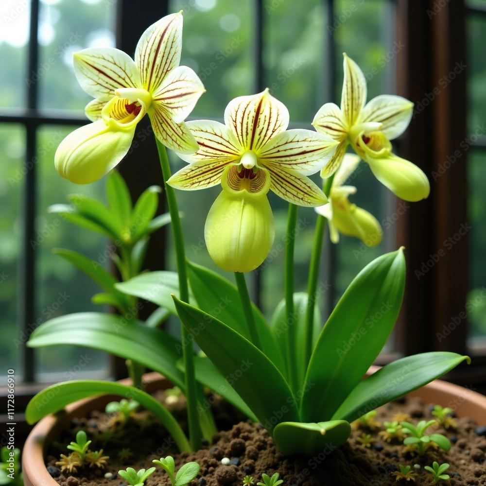 Obraz premium Green and white striped Paphiopedilum orchids in a terrarium, orchid, plants