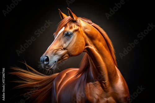 Arabian Horse Night Portrait, Chestnut Horse Head Closeup, Black Background, Equine Photography photo