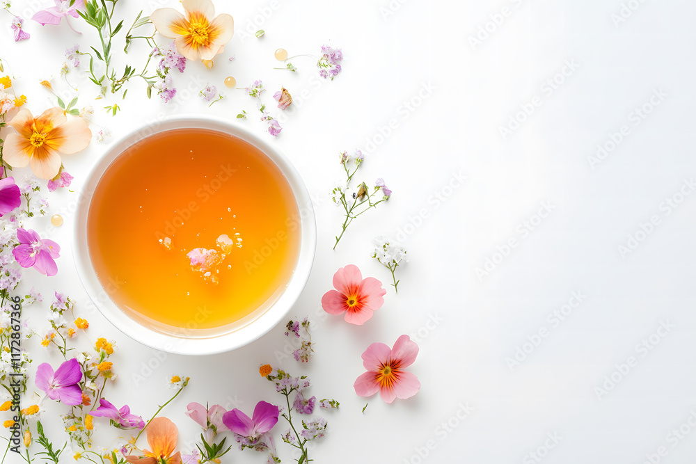 Cup of Herbal Tea with Cherry Blossom Flowers on White Background Cup of Herbal Tea with Cherry Blossom Flowers on White Background