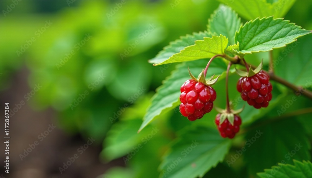 Fresh organic red raspberry plant growing in a garden bed with green leaves and stems, botany, botanical, nature Fresh organic red raspberry plant growing in a garden bed with green leaves and stems, botany, botanical, nature