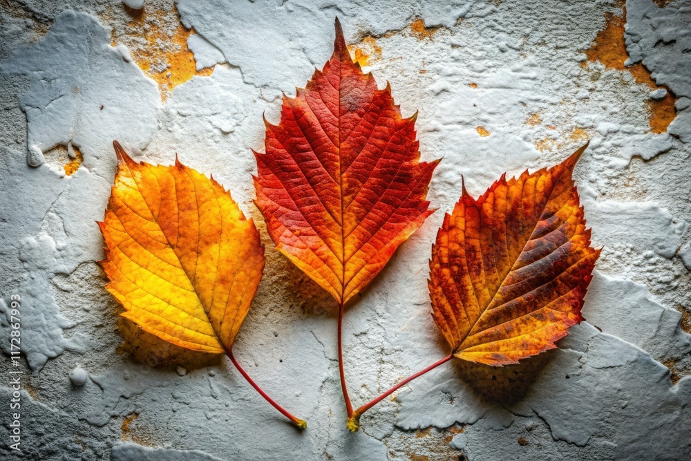 Obraz premium Autumn Triple Leaves White Background Urban Exploration Photography - Fall Foliage, Cityscape, Decay, Grunge