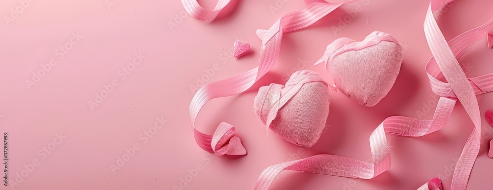 Delicate pink heart-shaped confections adorned with ribbons on a soft pastel background create a whimsical romantic setting Delicate pink heart-shaped confections adorned with ribbons on a soft pastel background create a whimsical romantic setting