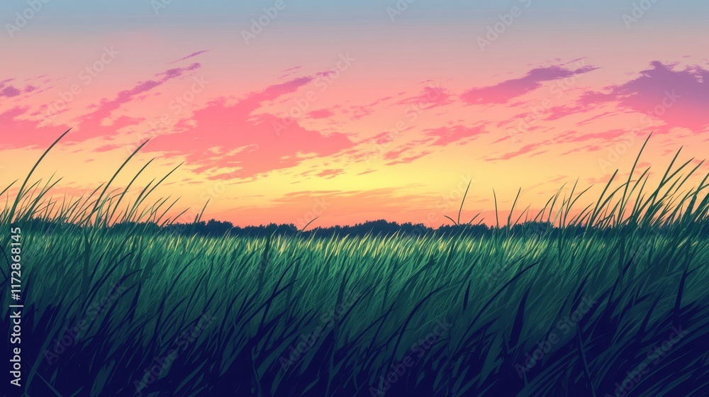 Fototapeta premium Serene Sunset Over Lush Green Grass at Dusk in Vibrant Colors