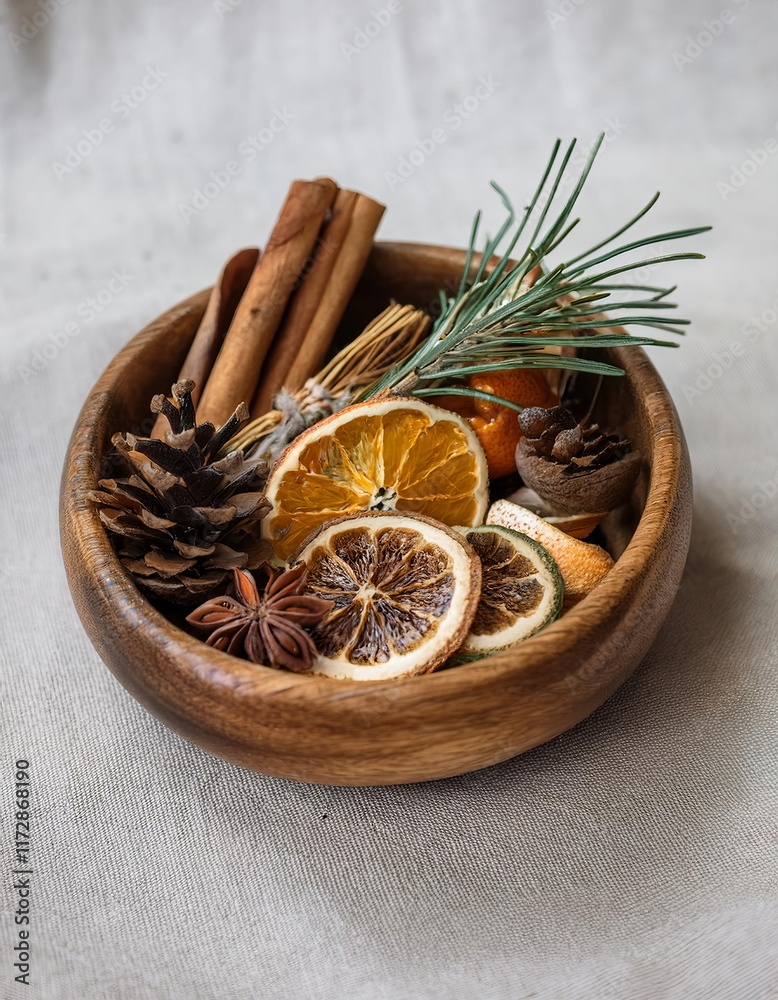 Fototapeta premium Wooden bowl holding dried orange slices, cinnamon sticks, pine cone, and evergreen sprig creating cozy winter atmosphere